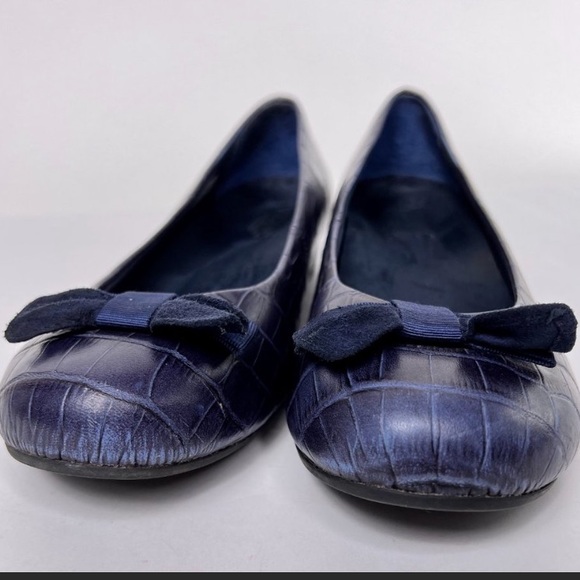 Vionic Lydia Blue Leather Croc Slip On Demi Wedge Shoes 8 / 39 - bows removed - Picture 10 of 11